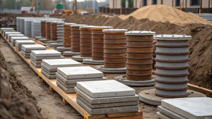 Poster - A medium closeup of various piles stacked nearby each differing in length and diameter illustrating the preparation phase ready to be installed into the foundation site.