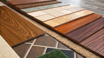 Poster - A medium closeup of various flooring samples laid out on the ground where rich wood grains vibrant carpet fibers and glossy tile surfaces reflect diverse styles and textures being