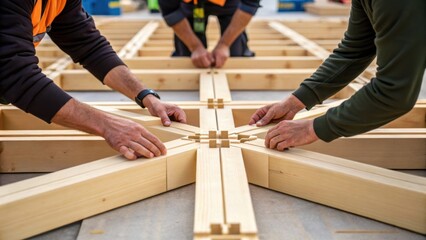 Aufkleber - A medium closeup of workers assembling large CLT panels on a construction site their hands positioning the interlocking pieces together illustrating the collaborative effort in