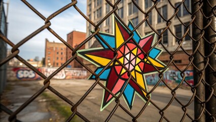 Poster - A medium closeup reveals a graffiti explosion of geometric shapes and vibrant hues intertwined with the rusting links of a fence that hints at the artworks urban environment.