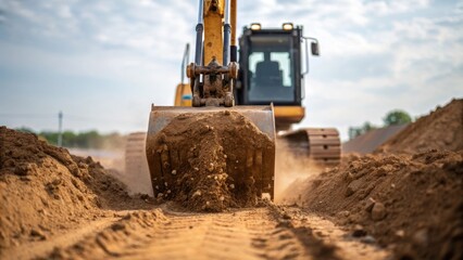 Aufkleber - A medium closeup reveals machinery in action as an excavator skillfully digs into the earth with dirt being disp and tered illustrating the intense labor involved in the initial