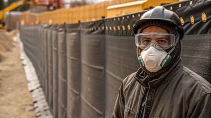 Aufkleber - A medium closeup shot of a construction worker wearing a mask and goggles standing beside a dust control barriera row of silt fencingdesigned to minimize dust dispersion during