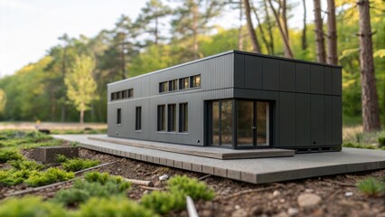 Poster - A medium closeup shot of a completed 3D printed building prototype on an outdoor site surrounded by natural elements presenting the concept of sustainability in modern