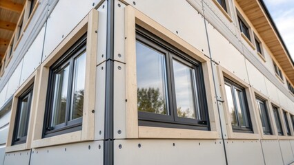 Aufkleber - A medium closeup shot of a section of a modular home highlighting the seamless joints between wall panels insulation layers and windows revealing the advanced engineering of