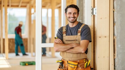 Poster - A medium closeup showcasing a smiling worker standing beside a partially installed door with a tool belt full of equipment visible emphasizing teamwork and craftsmanship.