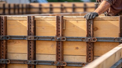 Aufkleber - A medium closeup showcasing the texture of the wood and metal brackets that create the formwork with a workers arm in the frame highlighting the construction ods being employed.