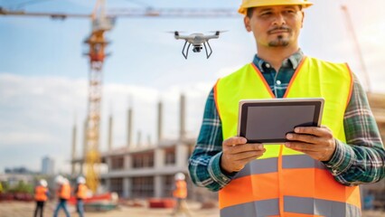Poster - A medium closeup showing a construction supervisor using a tablet to receive aerial data from a drone with vibrant construction site elements framing the scene illustrating the