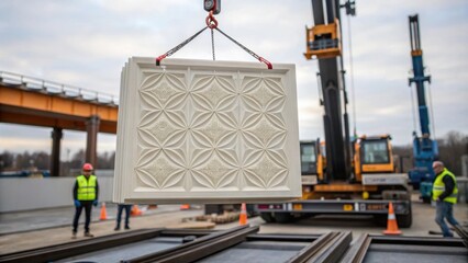 Aufkleber - A medium closeup showing a finished 3Dprinted panel being lifted by a crane with workers in the background preparing the site for its installation illustrating the integration of