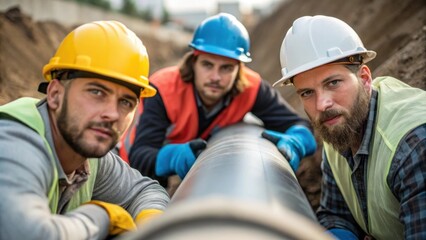 Aufkleber - A medium closeup showing a team of utility workers coordinating the placement of a heavy underground pipe. Their expressions are focused and intent with safety helmets and gloves
