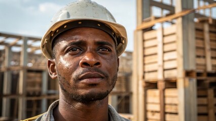 Aufkleber - A medium closeup showing a workers face determined and focused with a backdrop of wooden crates and steel beams. The sweat glistening on their brow signifies hard labor while the