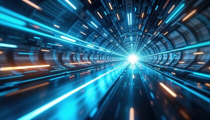 Poster - Abstract futuristic tunnel. Glowing blue, orange lights create dynamic lines. Data transfer high-tech innovation concept in motion. Modern cyber space. Fast speed movement in virtual city at night.