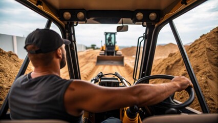 Poster - A medium closeup showing the operator inside a backhoe hands on the controls as it scoops up a large mound of earth with the muscle and mechanics of the machine prominently