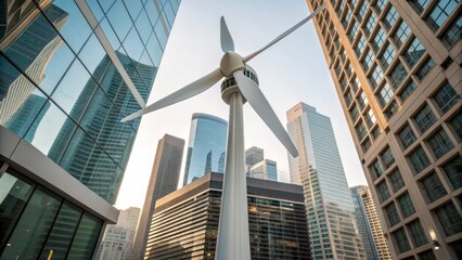 Poster - A medium closeup showing the integration of a small wind turbine within the architecture of a commercial building with the turbine seamlessly blending into the design showcasing