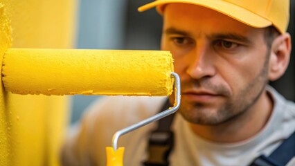 Poster - A medium closeup view of a painters face focused on precision bright yellow paint dribbling slightly from a roller as they carefully align it with an edge a look of concentration
