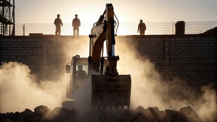 Aufkleber - A medium shot captures the intense moment as a hydraulic arm of a bulldozer crushes a wall sending a spray of dust and particles into the air with worker silhouettes in the