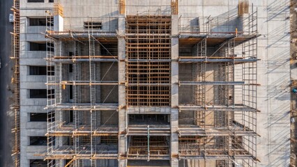 Aufkleber - An aerial medium closeup of scaffolding enveloping the evolving structure providing a stark contrast between the raw materials and the increasingly defined vertical lines of the