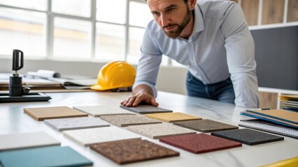 Poster - An engineer leaning over a table examining a selection of material samples while consulting with colleagues. The varying textures and colors of the materials are highlighted