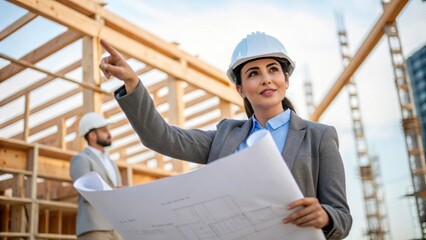 Aufkleber - An engaged female architect reviewing blueprints onsite gesturing to a colleague with the construction framework rising behind her symbolizing teamwork and leadership in project
