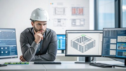 Aufkleber - An engineer at a workstation surrounded by digital displays showcasing various building components and simulation tools deep in thought as they plan for the next phase of