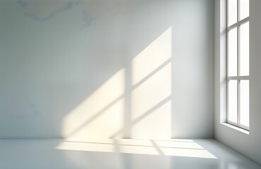 Aufkleber - Bright empty room with large window. Sunlight casts light patterns on white walls, floor. Modern minimalist interior design. Clean, airy space. Simple lines, shapes. Abstract light, shadow patterns