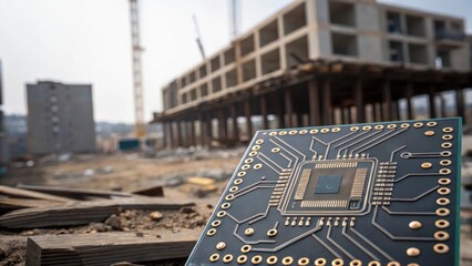 Aufkleber - An intricate closeup of a printed circuit board featuring blockchain nodes set against a backdrop of construction site debris and unfinished structures symbolizing the integration