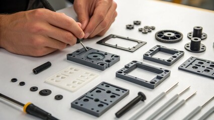 Poster - An intimate view of small detailed components being aligned for assembly showcasing the precision and craftsmanship involved in the final construction.