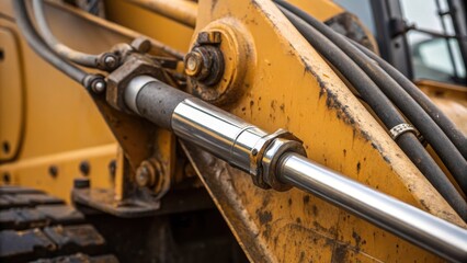 Poster - An intricate medium closeup of an excavators hydraulic arm focusing on the glistening pipework and joints emphasizing the details of the metallic components and grease stains.