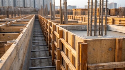 Aufkleber - An intimate view of the highrise buildings foundation highlighting the concrete being pumped into large wooden forms