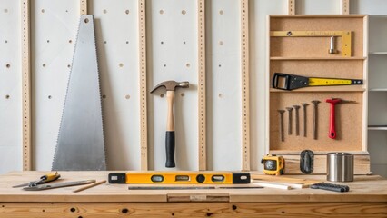Aufkleber - An organized workspace showcasing a variety of tools a saw hammer and level with a partially completed wall in the background illustrating the essential equipment of carpentry.