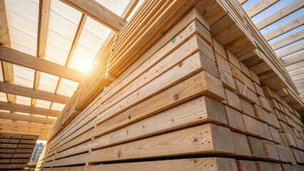 Aufkleber - An overhead closeup of a stack of CLT panels on a construction site illustrating the organized arrangement of the wood with sunlight streaming through accentuating the ecofriendly