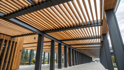 Aufkleber - An intricate design of wooden slats encasing steel support beams is featured creating a striking visual pattern that enhances the structures modern appeal.