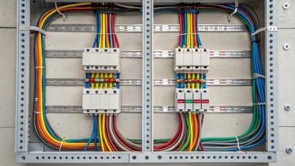 Poster - An overhead closeup revealing a network of electrical connections within a preassembled wall section with colorful wiring and electrical boxes neatly arranged prior to