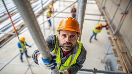 Poster - An overhead medium closeup shows a worker grasping a towering scaffold pole with a blur of movement around him as his colleagues lift additional sections into place in the