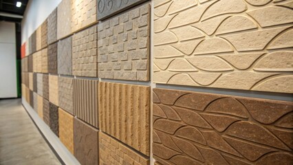 Poster - An upclose view of textured wall panels made from recycled materials emphasizing the blend of modern design with environmental consciousness in the renovation effort.