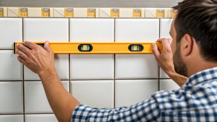 Fototapete - A shot from the side showing a tiler adjusting tiles on a wall with a focus on the outer edges of the tiles emphasizing the importance of alignment and the use of a level tool.