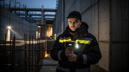 Poster - A security guard uses a handheld device to scan the perimeter of a construction area his focused expression illuminated by the dim light of a nearby work light with concrete forms