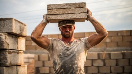 Poster - A side view of a stone mason lifting a heavy block into position muscles accentuated beneath a shirt stained with dust and mortar illustrating the physical effort involved in the