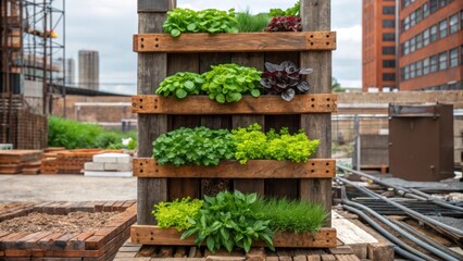 Poster - A selection of colorful herbs such as basil and cilantro arranged in a vertical garden structure made from old wooden beams surrounded by construction materials like bricks and