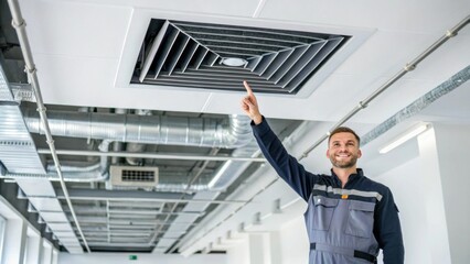 Aufkleber - A technician standing inside a commercial space showing the newly installed HVAC vents on the ceiling capturing the contrast between the technicians expression of pride and the