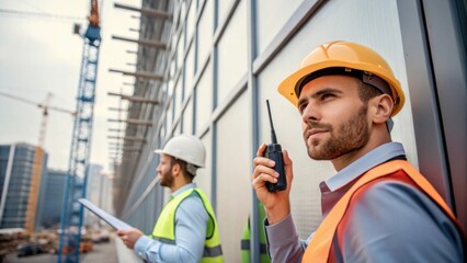 Aufkleber - Captured from a medium closeup a worker communicates with a colleague via radio while holding a section of the facade emphasizing teamwork and coordination amidst the bustling