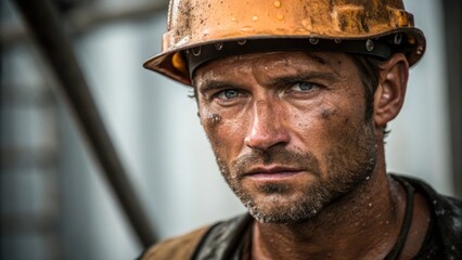 Poster - Capturing the workers strong jawline and rugged features with droplets of sweat collecting near the temples emphasizing the physical demands and challenges faced daily.