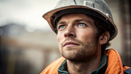 Poster - Close focus on a reflective moment where the construction worker gazes thoughtfully into the distance demonstrating the blend of ambition and dedication in his expression with