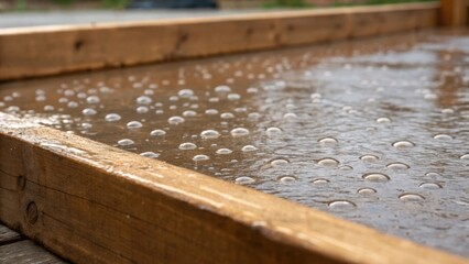 Fototapete - Closeup focusing on the wet concrete surface as it spreads out in a wooden form with tiny air bubbles rising to the surface reflecting the light in a glistening pattern.