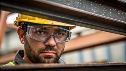 Poster - Close range of a workers face showing determination and concentration as he oversees the installation process. Sweat glistens on his brow and the distorted reflection of the steel