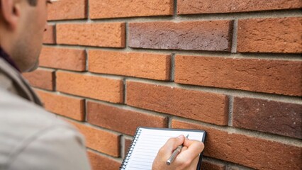 Aufkleber - Closeup of a brick wall with an inspector pointing at a mortar joint scrutinizing the consistency of the mortar mix and noting any irregularities in the craftsmanship.