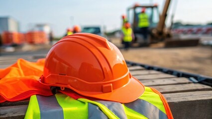 Poster - Closeup of a bright orange safety helmet with a reflective vest draped nearby highlighting essential personal protective equipment in a bustling construction area.