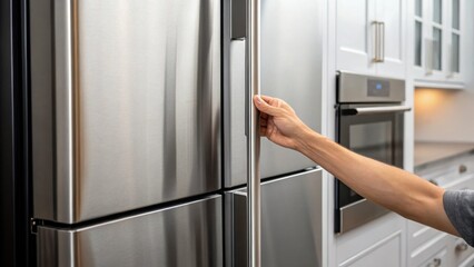Poster - Closeup of a hand aligning the door of a builtin refrigerator to ensure a flush fit with kitchen cabinetry highlighting the sleek finish and softclose hinge mechanism.