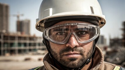 Poster - Closeup of a helmeted worker his safety goggles reflecting the construction site highlighting the contrast of protective gear against his rugged complexion and an expression of