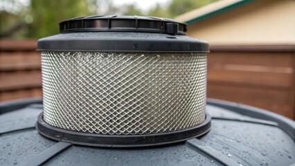 Poster - Closeup of a mesh filter p on top of a rainwater tank highlighting the details of the mesh texture designed to prevent debris from entering the water reservoir.