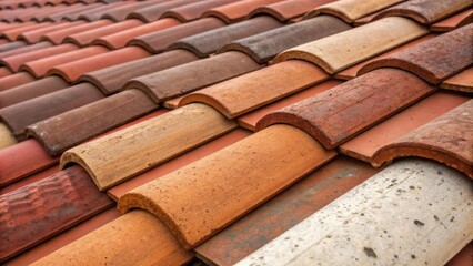 Aufkleber - Closeup of an array of terracotta tiles stacked on the roofs edge each tile displaying unique variations in color and texture emphasizing the natural beauty of the material.
